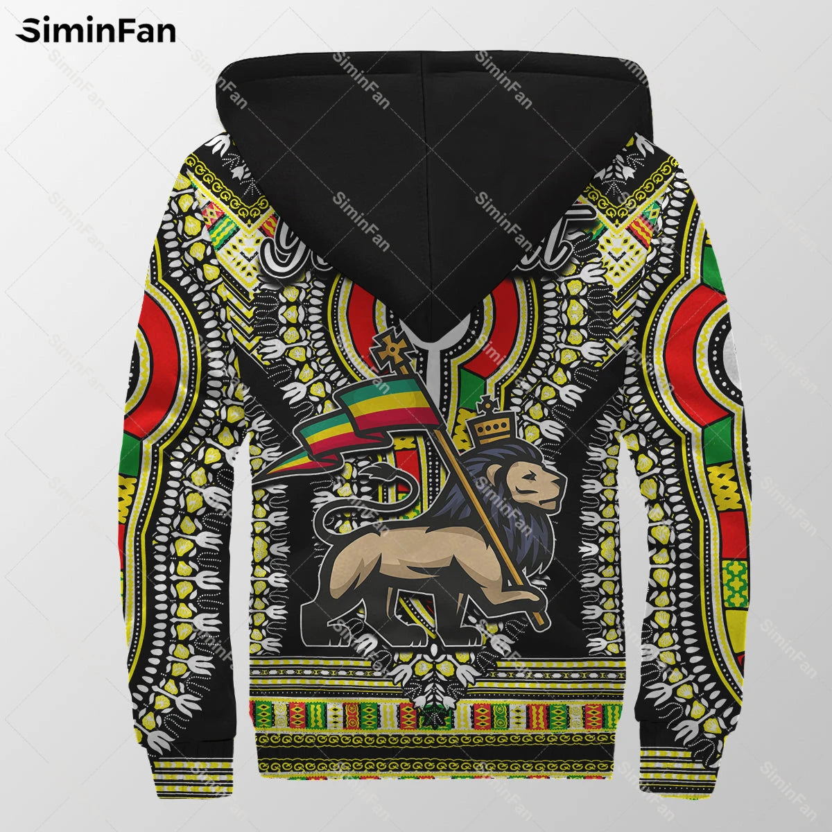 Ethiopia Sherpa Dashiki Black White 3D Printed Mens Thicken Fleece Jacket Warm Flannel Zip Hoodie Windproof Coat Winter Outwear