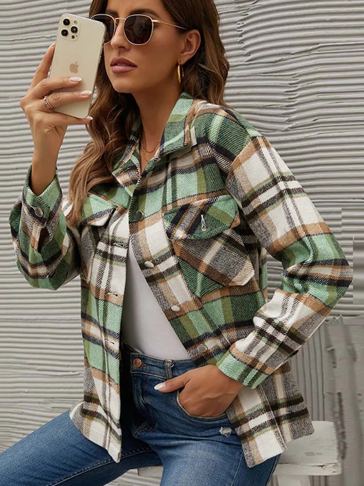 Winter Plaid Flannel Shirt Women Checkered Shirt Fashion Outerwear Casual Velvet Jacket Coat Female Long Sleeve Thick Overshirt