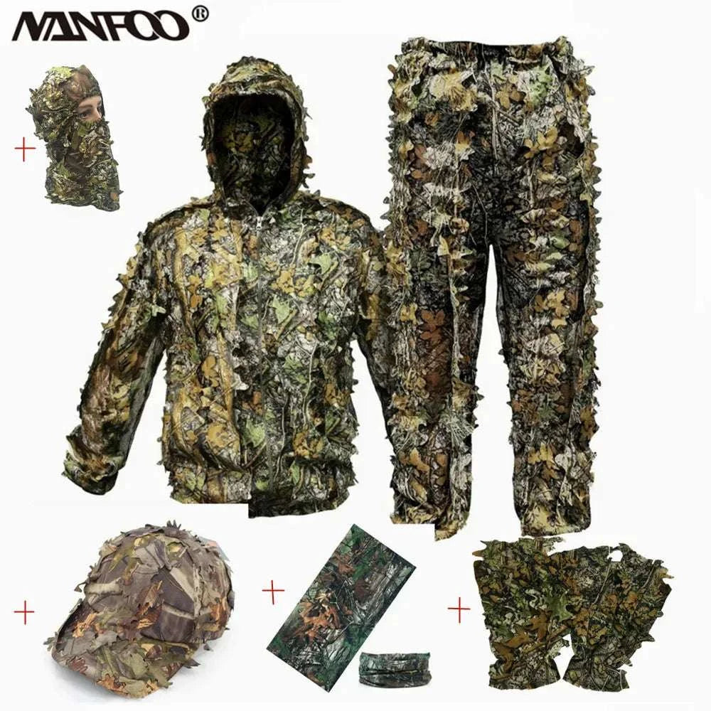 Adult 3D Leaves Bionic Camouflage Hunting Ghillie Suit Durable CS Shooting Suit Breathable Tactical Military Combat Clothes Set