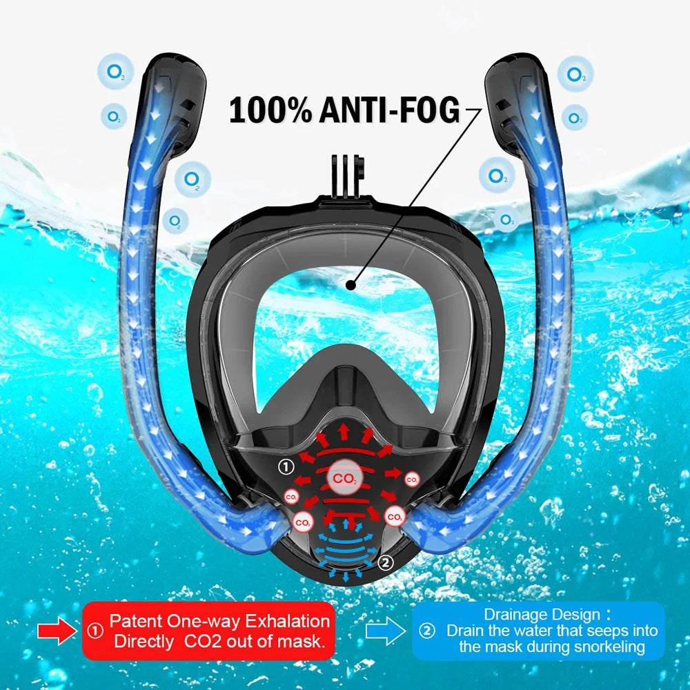 Full Face Snorkel Mask 180°Panoramic View Silicone Dry Top Snorkeling Diving Swimming Goggles With 2 Snorkels Anti-Fog Anti-Leak