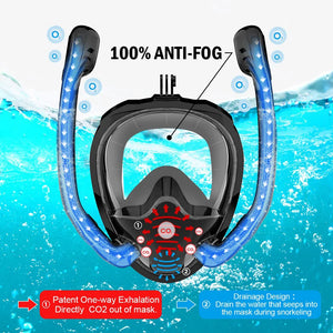 Full Face Snorkel Mask 180°Panoramic View Silicone Dry Top Snorkeling Diving Swimming Goggles With 2 Snorkels Anti-Fog Anti-Leak