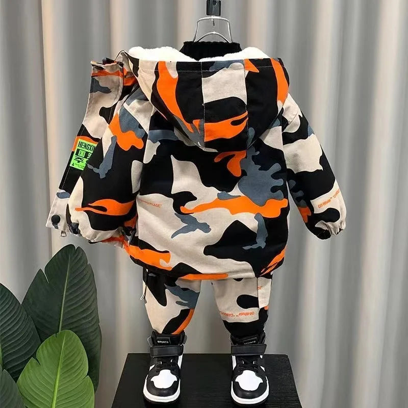 Winter Warm Boys Suit Coat+Pants Cotton 2Pcs/Sets Camouflage Spring Autumn Jogging Suit Thicken Children Clothing